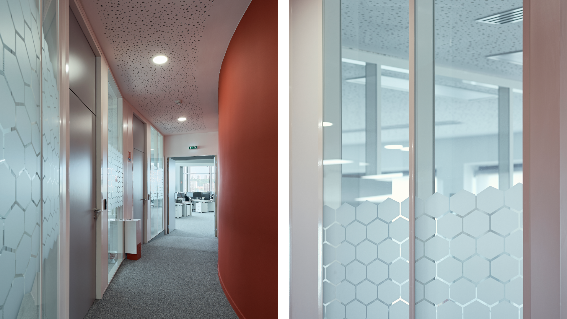 Two-panel office scene: left shows a hallway with red curved wall and glass doors; right shows a glass partition with hexagonal frost pattern.